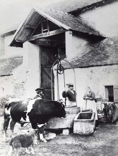 Çiftlik bahçesinde bir kuyu etrafındaki köylüler, 1860-70 dolayları (s/b fotoğraf) by French Photographer