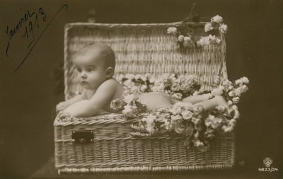 Ocak 1913'te gönderilmiş, çiçekli hasır sepet içinde bir bebek kartpostalı by French Photographer
