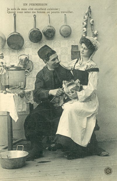 Mutfakta dizinin üstüne oturan hizmetçi kız by French Photographer