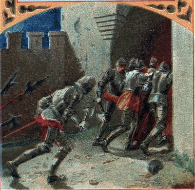 100 yıllık savaş: Burgonyalıların ordusu ihanetle Pierrefonds kalesini ele geçirdi (14. yüzyıl). 19. yüzyılın sonlarında kromolitografi by French School