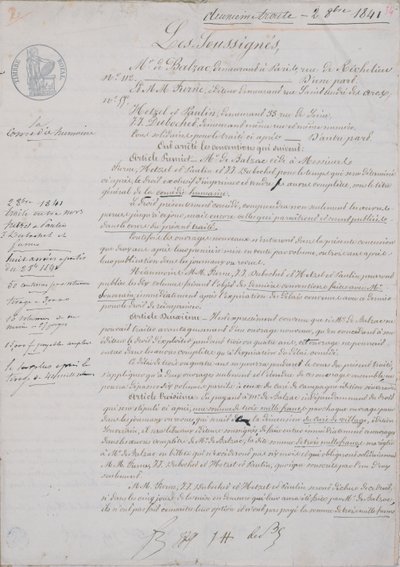 Honore de Balzac (1799-1850) ile Hetzel, Paulin, Dubochet ve yayıncı Charles Furne arasında La Comedie Humaine ile ilgili 2. Sözleşme belgesi, 2 Ekim 1841 by French School