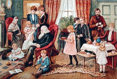 Çay İçen Bir Aile, c.1900 (renkli taş) by French School