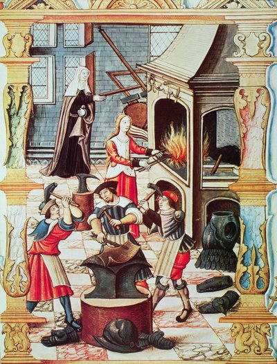 16. yüzyıldan kalma bir Fransız demirhanesi, 'Chants royaux sur la Conception Couronnee du Puy de Rouen'den bir minyatürün kopyası (renkli taş) by French School