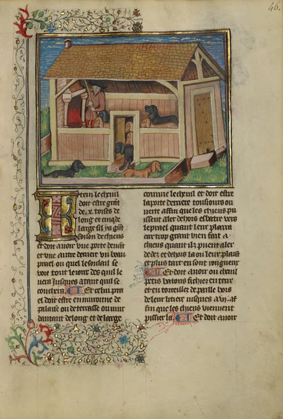 Kulübedeki Köpeklere Katılan Bir Avcı, c.1430-40 (tempera, altın, gümüş boya ve parşömen üzerine yaprak) by French School
