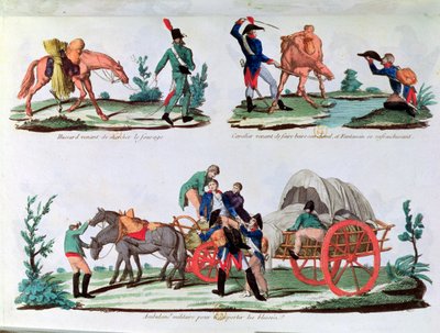 Yem taşıyan bir Hussar, bir süvari ve susuzluğunu gideren bir piyade ve bir askeri ambulans (renkli gravür) by French School