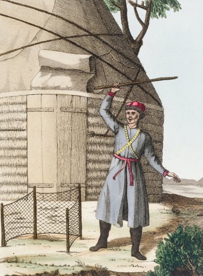 Karısının doğumu sırasında kötü ruhları korkutan bir Kalmuk by French School