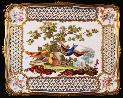 Bir manzarada üç egzotik kuşla süslenmiş bir Louis XV Sevres tepsisi, bir masanın üstünü oluşturan bir kafe, 1761 by French School