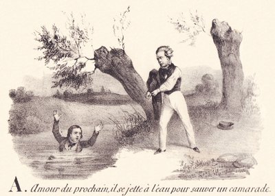 C: Komşu sevgisi, bir yoldaşını kurtarmak için kendini suya atar. by French School