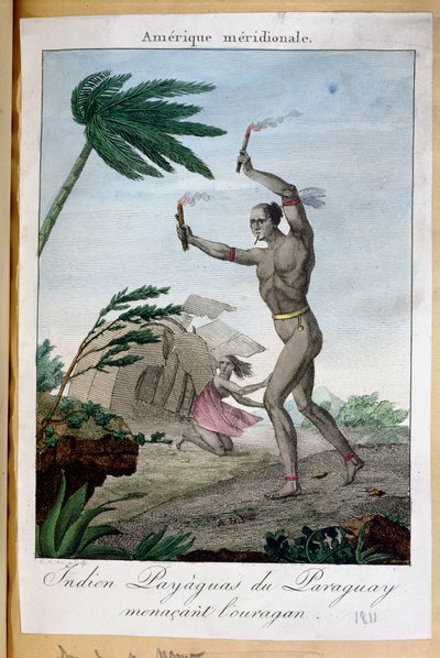 Bir kasırgayı geri çevirmeye çalışan bir Payaguas Kızılderili şamanı, Paraguay, 1811 by French School
