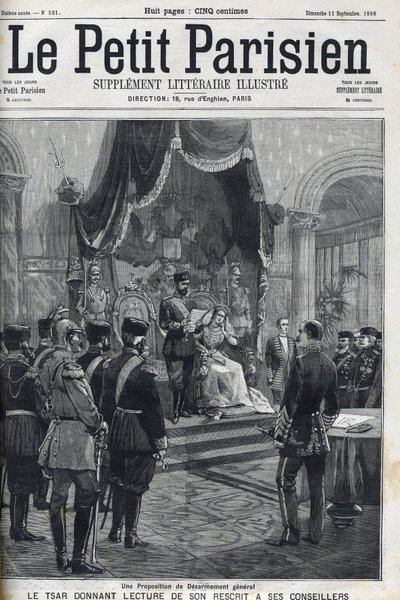 Genel Silahsızlanma Önerisi (Avrupalı Güçlere yapılmıştır) - Çar II. Nicholas (1868-1918) onun reçetesini danışmanlarına okuyor. Le Petit Parisien by French School