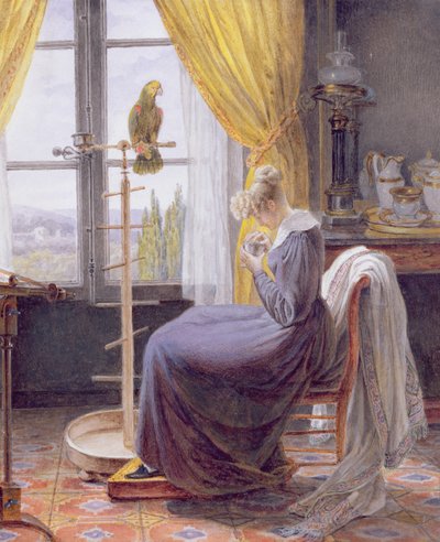 İç Mekanda Papağan Besleyen Kadın, 1820 dolayları (kağıt üzerine guajlı klozet) by French School