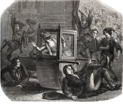 Bir şakacı grubu, Karnaval için bir kostüm olan Marie-Therese (Marie Therese) Le Vasseur (Levasseur) (1721-1801) tekerlekli sandalyesinde ilerlemekten alıkoyuyor. O eski sevgililerden birinin intikamının kurbanı. 1871 tarihli “Histoire Des Cocus C”deki gra by French School