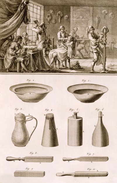 Bir berber dükkanı ve berber aletleri, Denis Diderot (1713-84) tarafından yayınlanan Encyclopedie des Sciences et Metiers