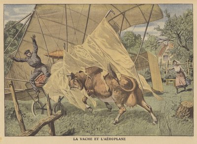 Amerikan Ortabatısında bir uçağa saldıran bir inek (renkli taş) by French School