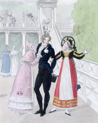 Le Bon Genre serisinden iki maskeli kadının kur yaptığı bir züppe (el boyaması gravür) by French School