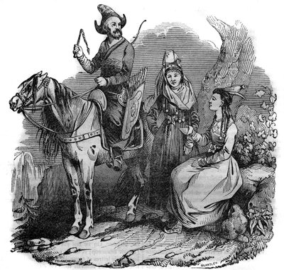 Geleneksel kostümlü bir grup Kırgız (Kırgız) Kazak. “” Pitoresk mağazada”” 1835 by French School
