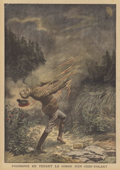 Bir uçurtma uçururken yıldırım tarafından öldürülen bir adam (renkli taş) by French School