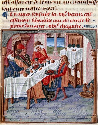 Bir adam, muhtaç durumdaki bir yoksulla masasını paylaşıyor Minyatür “Le livre de bonnes moreurs de Jacques Legrand” 1490 Chantilly, Musee Conde by French School