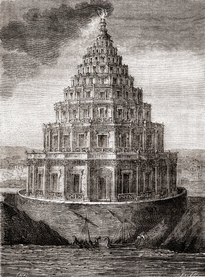Ptolemaios Krallığı tarafından MÖ 280 ve 247 yılları arasında inşa edilen bir deniz feneri olan İskenderiye Feneri'nin on dokuzuncu yüzyıldan kalma hayali bir tasviri, 1870 dolaylarında yayınlanan "Les Merveilles de la Science" (gravür) by French School