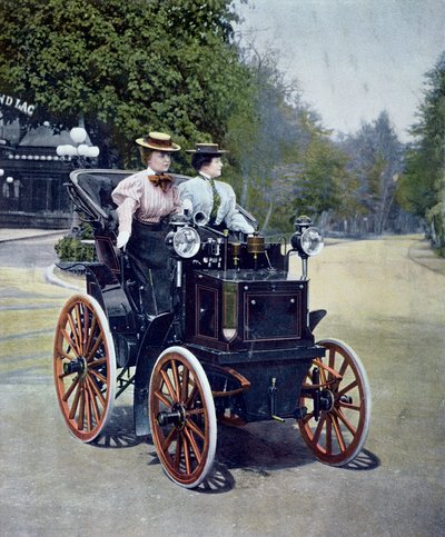 Başlangıç kulplu benzinli Panhard Levassor Phaeton, 1896 (renkli siyah beyaz fotoğraf) by French School