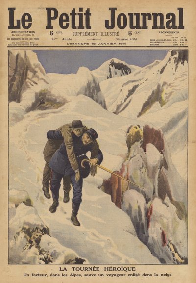 Alplerde karda kaybolan bir yolcuyu kurtaran postacı (renkli taş) by French School