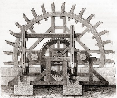 Bir toz değirmeni ve su çarkı, 19. yüzyıldan kalma bir çizimden sonra, Les Merveilles de la Science