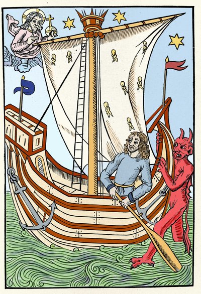 Denizin tehlikeleri arasında bir gemi. Tanrı solda kendini gösterirken bir iblis yayı ele geçirmiştir. "Çobanların Büyük Takvimi ve Kompostosu "ndan gravür, Troyes 1491 by French School