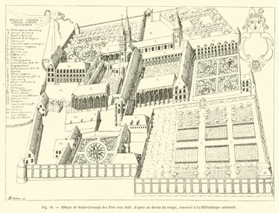 1630 civarında Saint-Germain des Pres Manastırı, zamanın bir çiziminden sonra Milli Kütüphane
