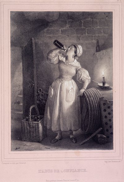 Güvenin kötüye kullanılması (mahzende yerli şarap içme) - litografi by French School