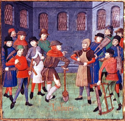18750 fol.3 Ekle Aletli İşçiler, Giovanni Boccaccio tarafından çevrilen, Laurent de Premierfait tarafından çevrilen 