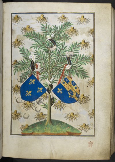 Ms 18850 f.15r Armorial sayfasını ekleyin, Book of Hours (Bedford Hours) c.1410-30 (parşömen üzerine mürekkep, renk ve altın) by French School
