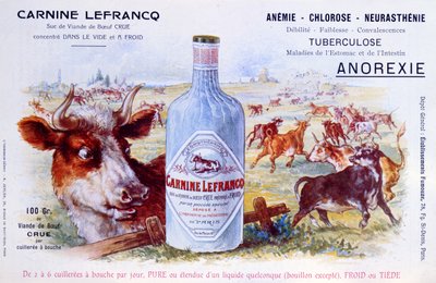 Yirminci yüzyılın başlarında Chanteclair tıp dergisinde yayınlanan Carnine Lefrancq için reklam by French School