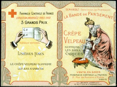 “” Velpeau Krep Pansuman Bandı varis çoraplarını çıkarır” reklam kartı. SD. 19. yüzyıl. by French School