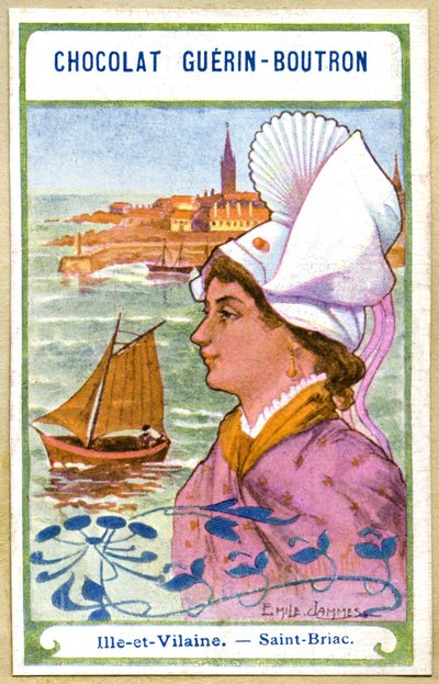 Çikolataların reklam kromolitografisi Guerin Boutron, Fransa bölgelerinin başlıkları, Ille et Vilaine, Saint Briac, illüstrasyon Emile Jammes (krolitografi) by French School