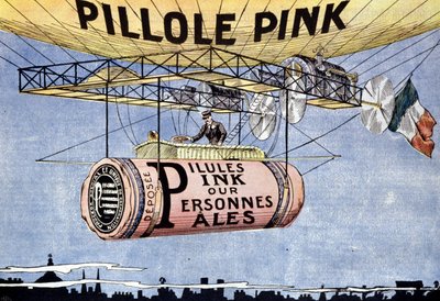 Pembe hapların reklamı: solgun ve zayıf insanlar için mucize haplar. Kanı yeniler ve sinirleri tonlandırırlar. 1904 yakl. by French School