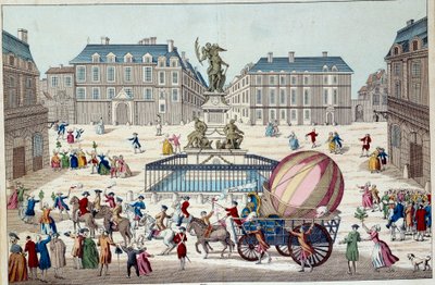 Aerostat: Bir balonla ikinci uçma denemesi. Charles ve Robert'ın Paris'teki tüm aerostatik küresi, 12/02/1783 tarihinde hidrojenik bir gaz balonuyla yaptıkları yolculuktan sonra. Anonim 18. yüzyıl baskısı. Paris, dekoratif sanatlar by French School