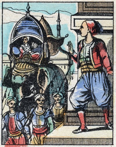 Aladin, padişahın kızına aşık olur. Binbir Gece Masallarının gravürü “” Aladin ve Harika Lamba””. Epinal görüntüleme, 19. yüzyılın sonlarında. Özel koleksiyon. by French School