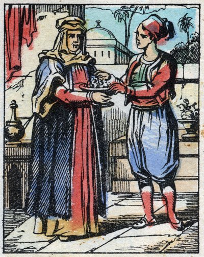 Aladin, görkemli elmasları bir altın kupaya koyar ve annesini, kızına evlenme teklif etmesi için padişaha göndermesi için gönderir. Binbir Gece Masallarının gravürü “” Aladin ve Harika Lamba””. Epinal görüntüleme, 19. yüzyılın sonlarında. özel koleksiyon by French School