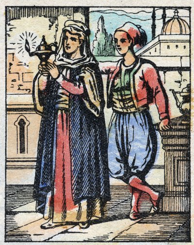 Aladin sihirli lambayı annesine takar. Binbir Gece Masallarının gravürü “” Aladin ve Harika Lamba””. Epinal görüntüleme, 19. yüzyılın sonlarında. Özel koleksiyon. by French School