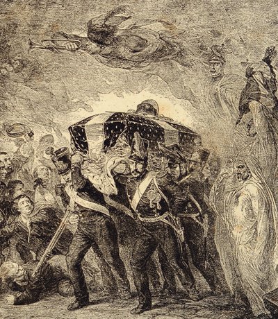 Fransız imparatoru Napolyon Bonapart'ın küllerinin 1840'ta dönüşünü anlatan alegori. 19. yüzyıl ("Renkler, adetler, kullanımlar, kostümler, icatlar"dan gravür) by French School