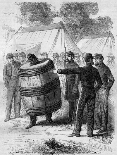Amerikan İç Savaşı (1861-1865): Konfederasyon ordusunun sarhoş bir askerinin cezalandırılması. Diğer askerlerin eğlenceli bakışları altında kampta bir namlu delici ve yürüteç takıyor. 26 Temmuz 1862 tarihli “Le Monde Illustré” n°276