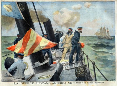 Amerikan Hispano Savaşı (veya 98 Desastre) - İspanyol-Amerikan Savaşı: bir ticaret gemisinin ele geçirilmesi. Hispano-Amerikan Savaşı - Bir Tüccar Gemisi Almak. Le petit Journal için illüstrasyon by French School