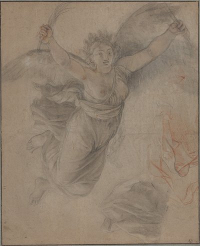 Alegorik Bir Kadın Figürü (siyah ve kırmızı tebeşirle, beyaz renkte, taba rengi kağıt üzerine) by French School