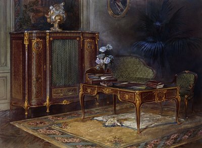 Louis XV Tarzı Ormolu montajlı ve Parke Bürosu Plat ve Bibliotheque 43.4cm ile bir İç Mekan, by French School