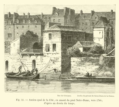 Notre-Dame köprüsünün yukarısında, 1780 dolaylarında eski quai de la Cite; bir zaman çiziminden by French School