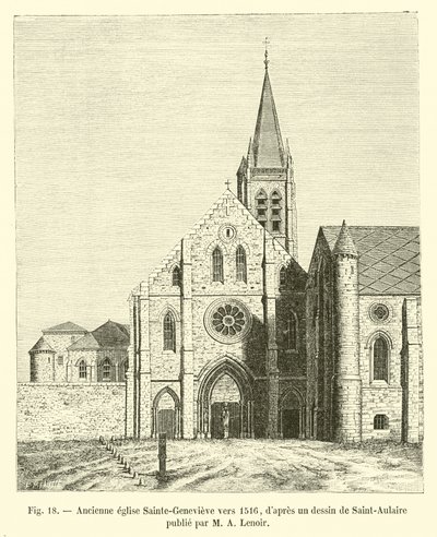 M A Lenoir tarafından yayınlanan Saint-Aulaire tarafından bir çizimden sonra 1516 civarında eski Sainte-Genevieve kilisesi by French School