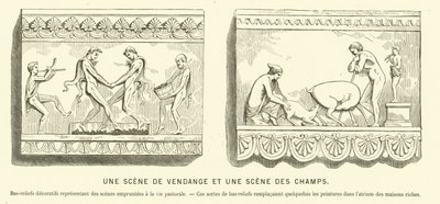 Bir üzüm hasadı ve tarlalardaki bir sahneyi betimleyen Antik Roma kabartmaları (gravür) by French School