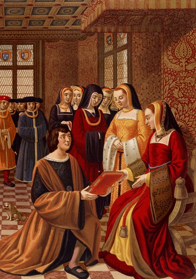Brittany'li Anne (1477-1514), onurlu leydileriyle çevrili. 16. yüzyıl minyatüründen sonra kromolitografi. Sanat Deco Kütüphanesi, Paris by French School