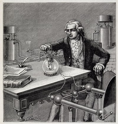 Antoine Laurent de Lavoisier (1743-1794) bir deneyi yönetiyor - Emile Desbeaux'nun “Popüler Fizik” adlı eserinde by French School