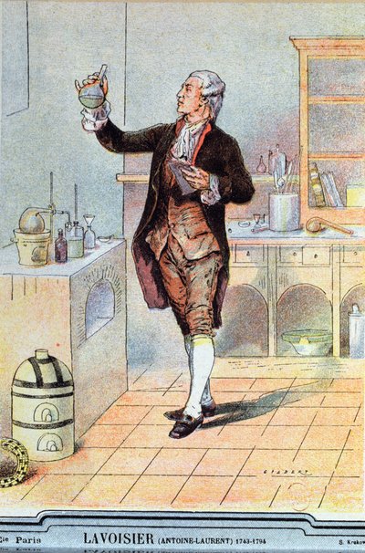 Bir okul ders kitabından Antoine Laurent de Lavoisier (1743-94) çizimi, 1900 dolayları by French School